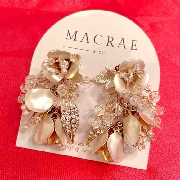 Brand New MacRae & Co. Dripping Floral Cluster Post Earrings Pale Gold Sparkly - Picture 2 of 14